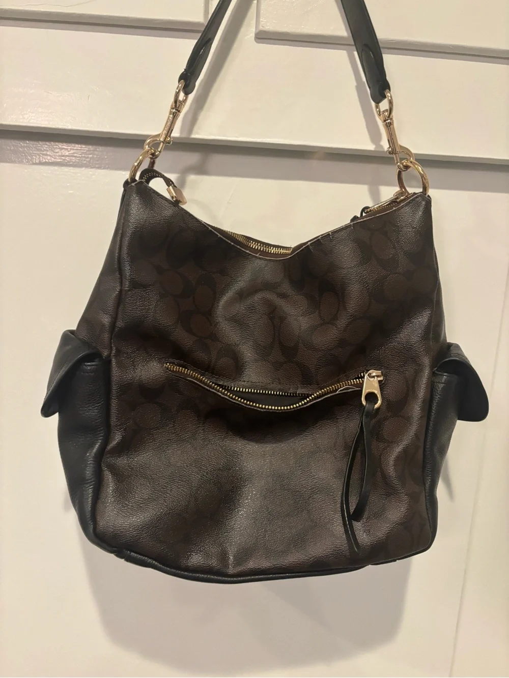 Coach Brown Signature Shoulder Hobo with Gold Hardware